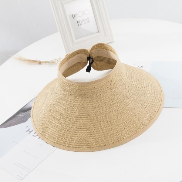 UPF50+ Bred Brätte Visirhatt för Kvinnor, Halm Strand Solhatt Sol Visir Rulla-upp Fällbar Hästsvans med UV-skydd, Beige