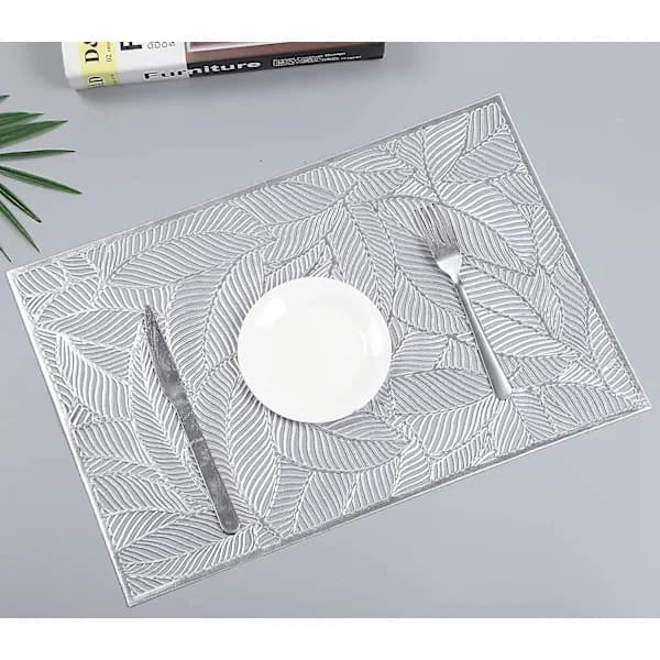 4-pack rektangulära dekorativa bladformade bordstabletter i PVC, ihåliga matbordstabletter Silver