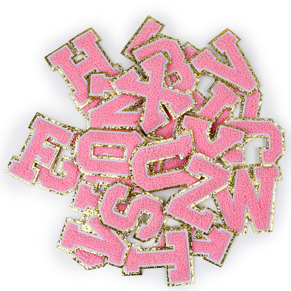 A-Z Gold Glitters & Pink Initial Patches,Adhesive Sticker Letter Patch for Team Costume Decoration Repair Patches（Pink A-Z）