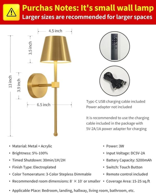 Wireless Wall Sconces 2-Pack, LED Lamps with Rechargeable Battery, Stepless Dimmable with Remote Control