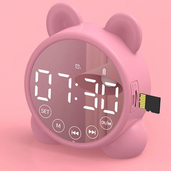 Kids Alarm Clock Bluetooth Speaker Bedside Alarm Clock, Mirror Digital Wake Up Temperature Snooze Timer, Children's Sleep Trainer