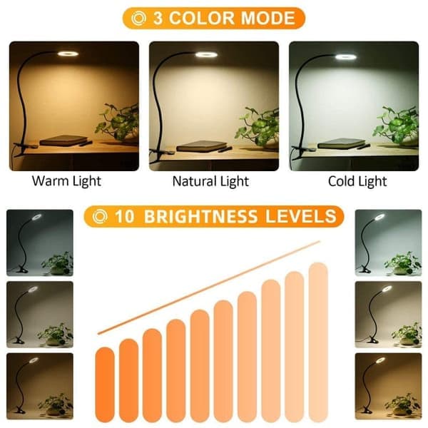 Dimbar LED Klemmelampe/Leselampe – Boklampe med 3 Lysmoduser & 10 Lysstyrker