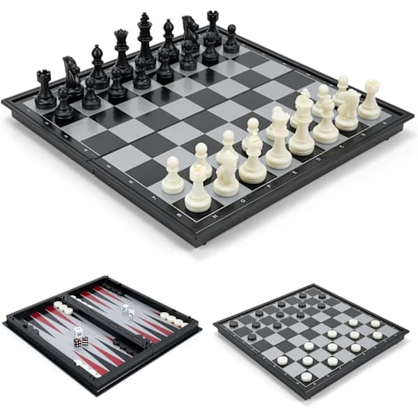 HA~Schackset Backgammon og Dam 3 i 1, Bærbart og Foldbart Skakbræt, Magnetisk Skak, Rejseskakbræt Damespil