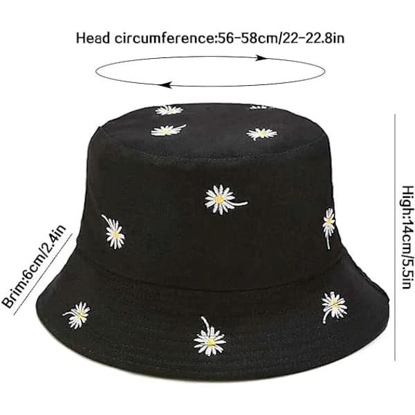 Vendbar Bucket Hat Fiske Solhat til Kvinder Piger, Daisy Sort