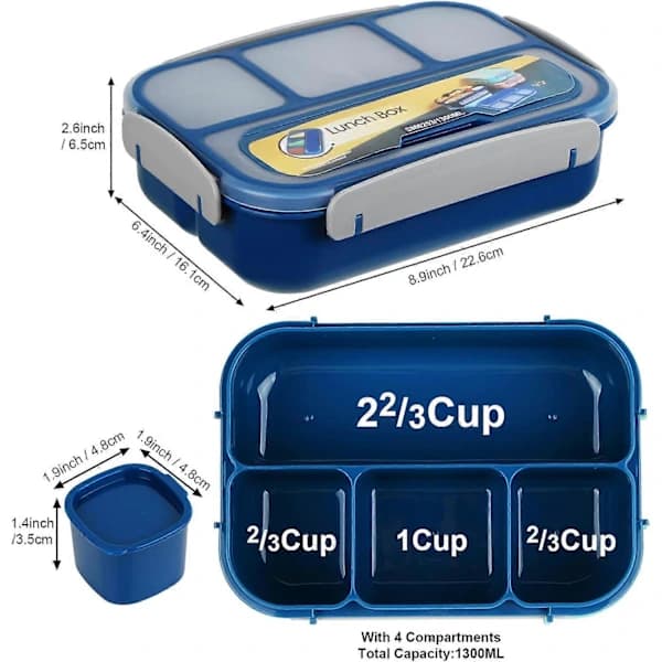 Matboks Voksen, Matboks Barn, Matbeholder for Voksne/Barn/Studenter, 1300ML - Bento Matboks med 6 Rom Blå