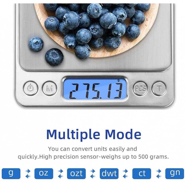 Digital multifunksjonell matkjøkkenskala, rustfritt stålplattform med LCD-skjerm (0,01 g-500 g)