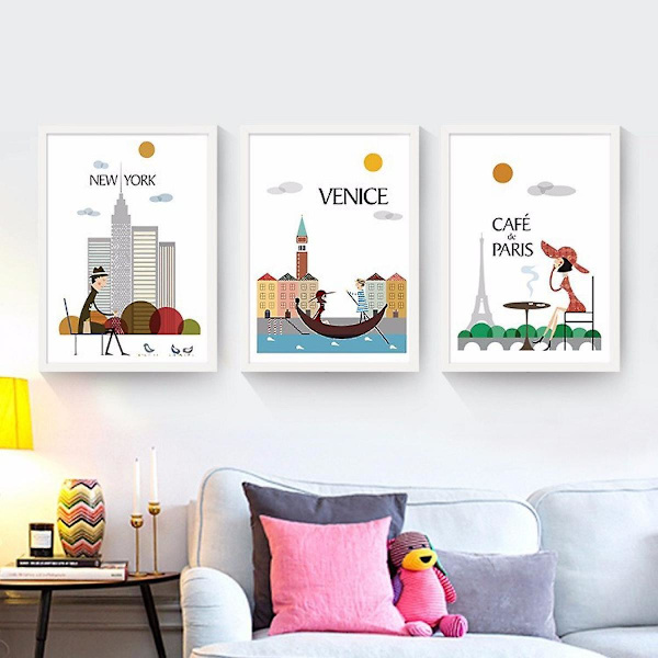 Wekity Minimalistisk stadsbild 1 väggkonst canvas tryck affisch, enkel mode akvarell konst ritning dekor för hem vardagsrum sovrum kontor och Chi