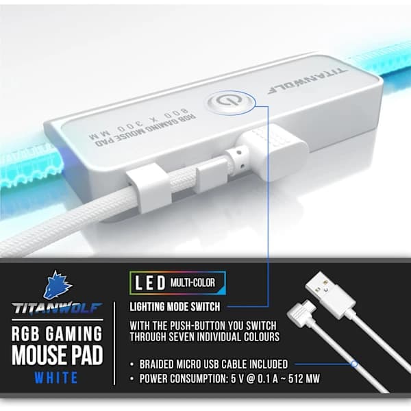 HA~RGB Gaming Musematte - 800x300 mmx4mm Stor - LED Flerfarget - 14 Lysmoduser - Vasket - Hvit