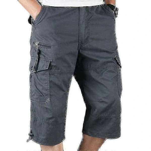 Herr 3/4 Långa Elastiska Shorts Midja Cargo Combat Trekvartsbyxor Mörkgrå L