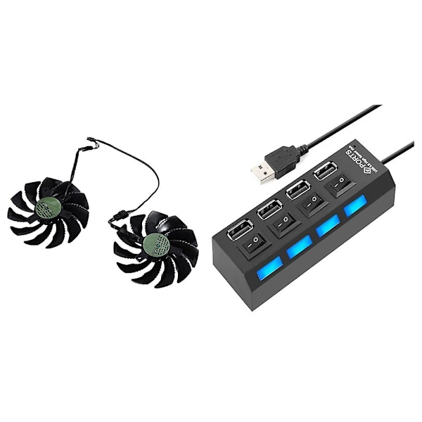 1 Pair 88mm Image Video Card Fan Cooler & 1 Pcs 4 Ports Usb Hub Splitter 2.0 Hub Led With 4 On/off