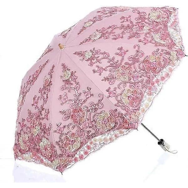 HA~Vikbart UV-paraply Snö/Regn/Sol Paraply Broderi Bröllopsparaply Rosa