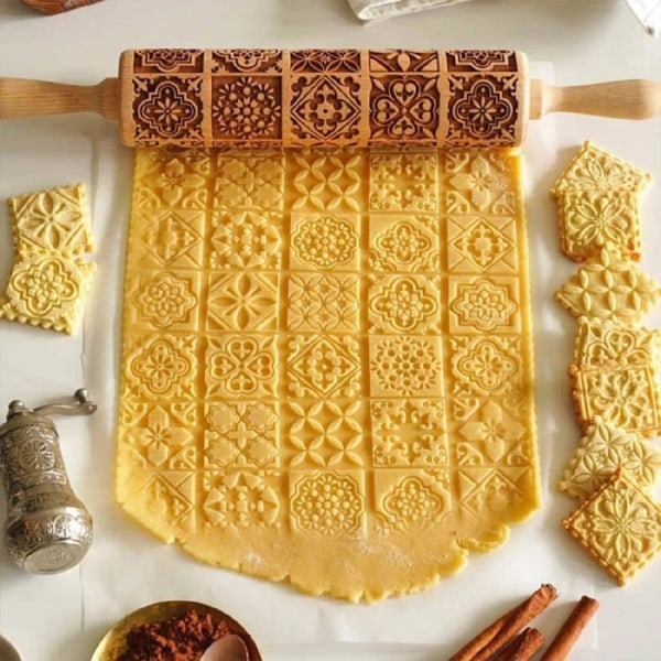 /HA/Pregekjevle, Kjevle for baking, Julekjevle, dypt gravert pregekjevle Kjøkkeninnredningsverktøy for å bake Em