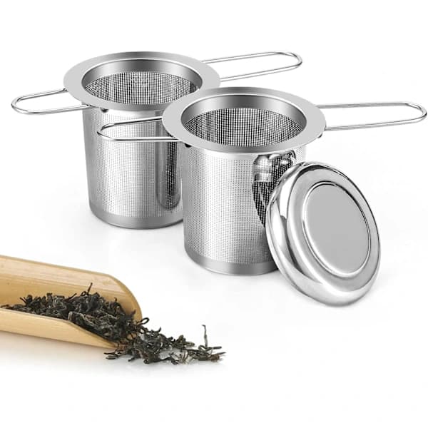 2-pack tesil, tebryggare 304 rostfritt stål tefilter med hopfällbara handtag och lock, tefilter för löst te