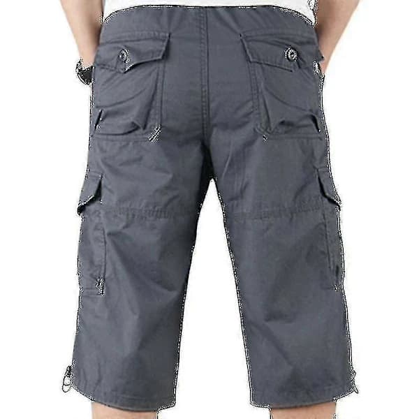 Herr 3/4 Långa Elastiska Shorts Midja Cargo Combat Trekvartsbyxor Mörkgrå L