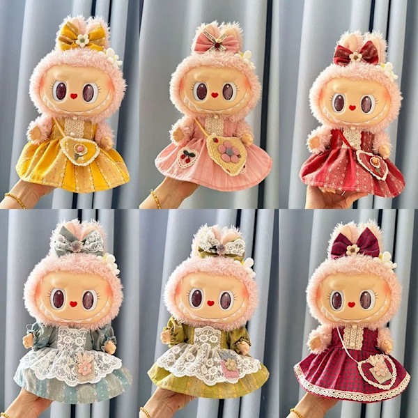 [HH] 38cm Labubu Tyg Emalj Plyschdocka Babykläder JD Japansk Blå Spetskjol Set Stor Baby Labubu Kläder Red