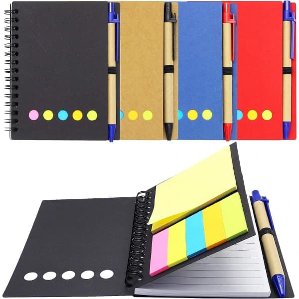4-pack Spiral Notebooks with Self-Adhesive Lined Pen, Colored Index Tabs, Small Pocket Notepad for Office Supplies