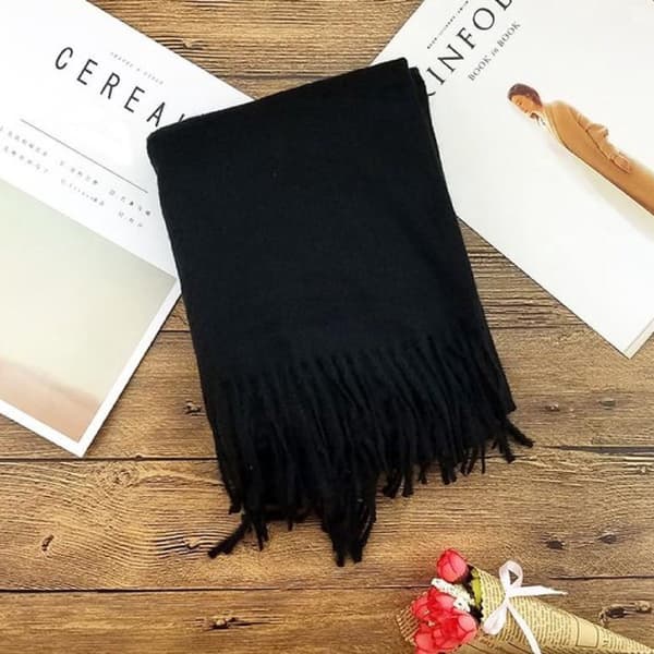 Vintertørklæde til kvinder, vævet imiteret kashmir polyester, blødt varmt frynset langt sjal til efterår vinter, sort, 70 x 200 cm