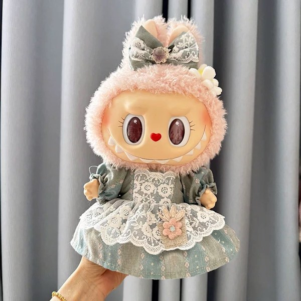 [HH] 38cm Labubu Tyg Emalj Plyschdocka Babykläder JD Japansk Blå Spetskjol Set Stor Baby Labubu Kläder Green