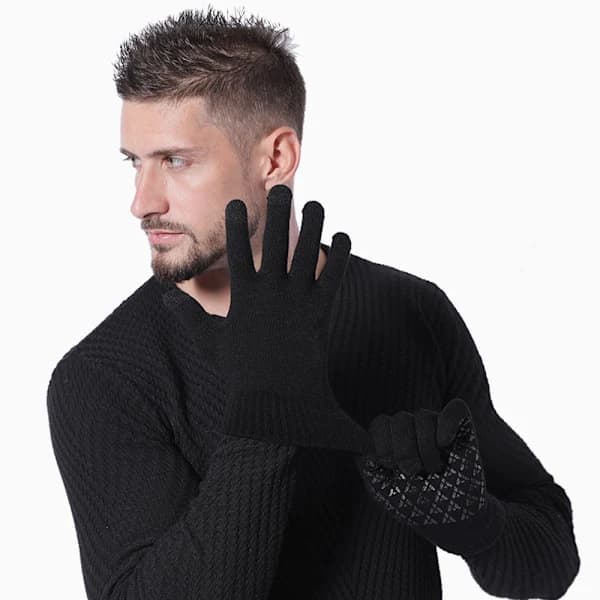 Strikkede termiske handsker, uld skridsikre touchscreen-handsker, sort