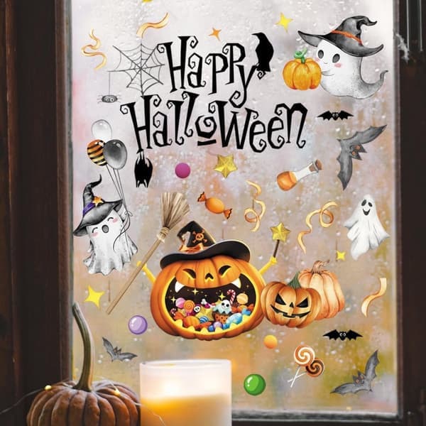 Halloween Stickers - Ghost, Spider Web, Pumpkin, Bat - 4 Window Clings - 30x20 cm - Double Sided