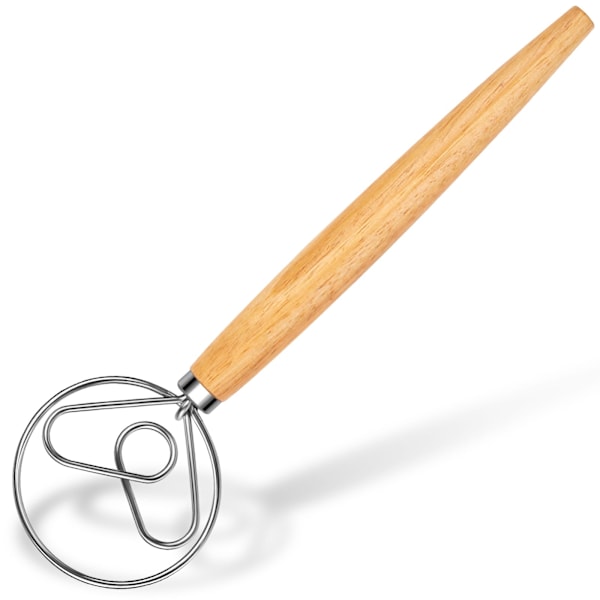 Dough Whisk - Wooden Bread Mixer with Stainless Steel Dough Hook - Original Whisk for Bread Making Tools and Supplies