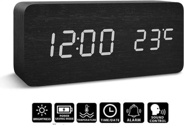 Digitalt vækkeur med LED-display, temperatur og dato, 3 alarmer, justerbar lysstyrke, til soveværelset, sort, 15 x 7 x 4 cm