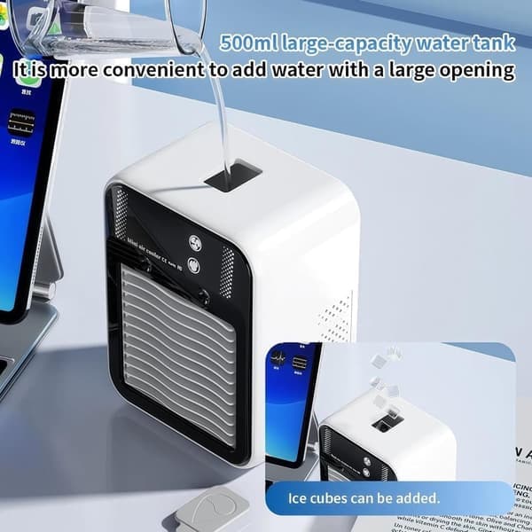 Bærbar 4-i-1 Luftkøler & Luftfugter – Mini AC med LCD-display, 2 Hastigheder, USB & Genopladelig Ventilator