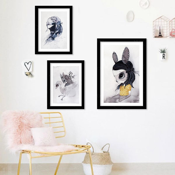 Wekity Miss Rabbit Väggkonst Canvas Tryck Affisch, Enkelt Sött Akvarellkonst Ritning Dekor för Hem Vardagsrum Sovrum Kontor och Barnrum (Set
