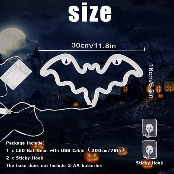 Neon Bat Sign, LED Bat Light för väggdekor, Batteri/USB-driven, Halloweenfest, Bar, Rumsdekor