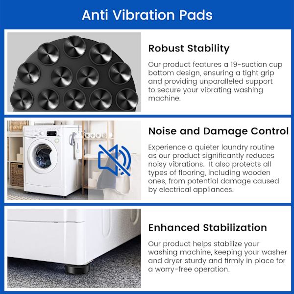Antivibrationsdynor för tvättmaskin - Minska buller och förhindra att tvättmaskin/torktumlare rör sig - 4-pack gummiantivibration