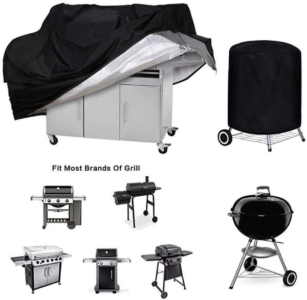 BBQ-grillovertræk, vandafvisende polyester, UV-beskyttelse, velcro og snøre, til udendørs grill, sort, 145 x 61 x 117 cm