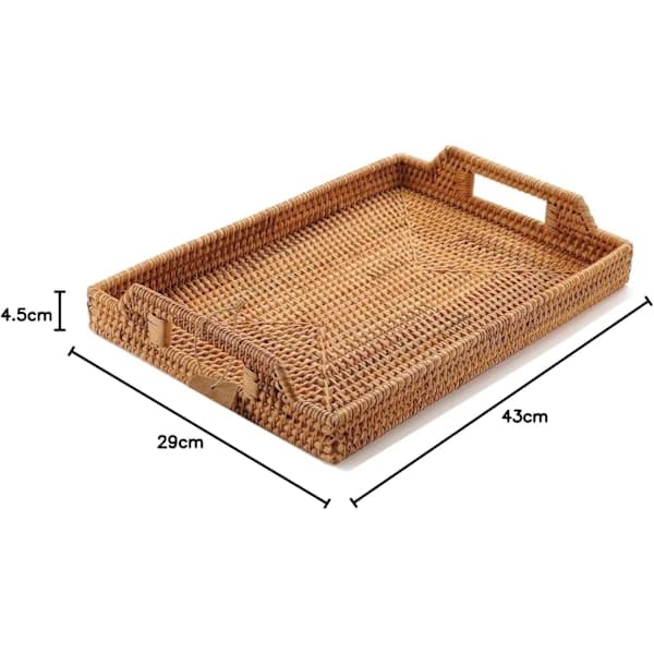 HA~Handwoven Rattan Serving Tray with Handles for Breakfast, Drinks, Snacks for Dining/Coffee Table (43 cm, Rectangular)