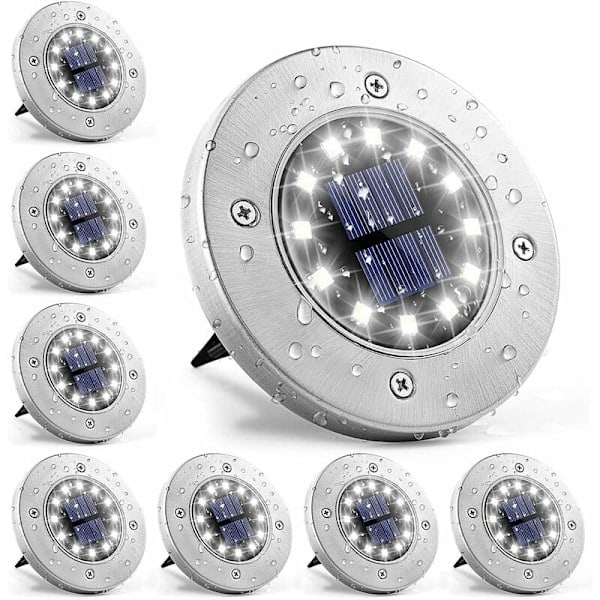 /HA/12 LED 8kpl Valkoisia aurinkokennovaloja maahan, vedenpitäviä ruostumatonta terästä ulkokäyttöön, puutarhaan, terassille, nurmikolle, kävelytielle [Energialuokka A+++] (Valkoinen valo)