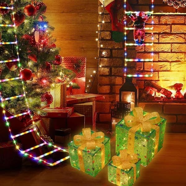 Christmas Decorations 3-Pack with LED, Illuminated Gift Boxes Indoor & Outdoor with 8 Modes and Remote Control