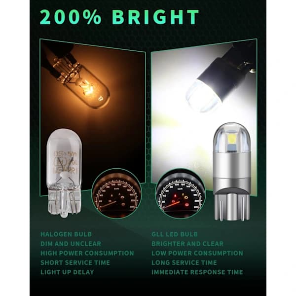 10 stk. hvite LED-lamper for bilens interiørbelysning, instrumentpanel, sideblinklys, skiltlys