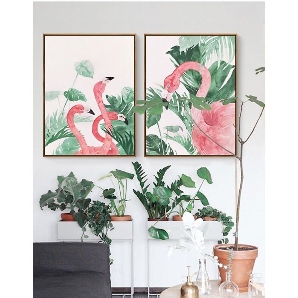 Wekity Flamingos i Naturen Väggkonst Canvas Tryck Affisch, Enkelt Mode Vattenfärg Konst Ritning Dekor för Hem Vardagsrum Sovrum Kontor och Barn