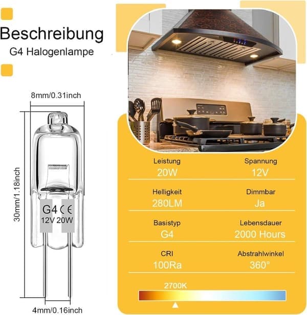 G4 Halogenlampe, Varmhvit 2800K, Dimbar 10/20W