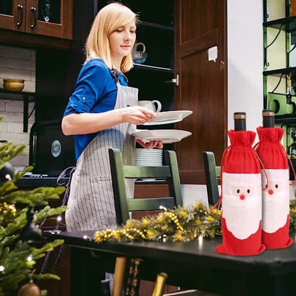 6 Julvinpåsar för Vinflaskor, Julpåsar, Tomte, Röda Vinflaskfodral, Påsar med Dragsko, Julklappar, Påse, Presentförpackning