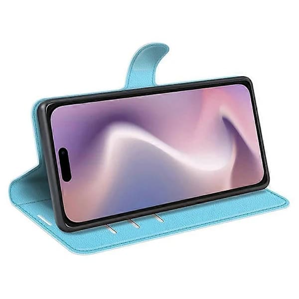 Kompatibelt plånboksfodral i läder med litchi-textur för iPhone 16 Pro Max [] Blå