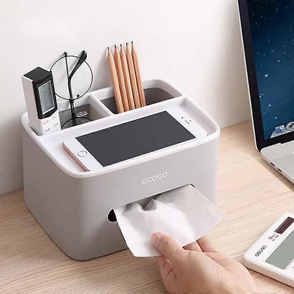 HA~Multifunksjonell Tissue Box, Fjernkontroll- og Tissueholder, Organizer med Tissue Box Grå
