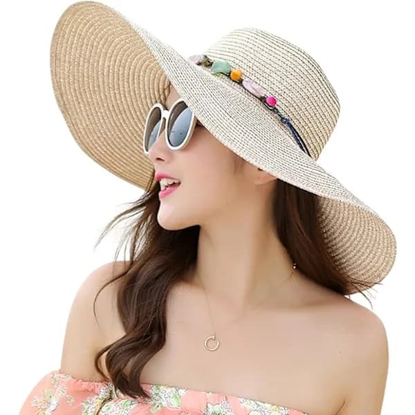 HA~Kvinders Bredskyggede Halmhat Floppy Foldbar Rulbar Kasket Strand Solhat UPF 50+ Khaki