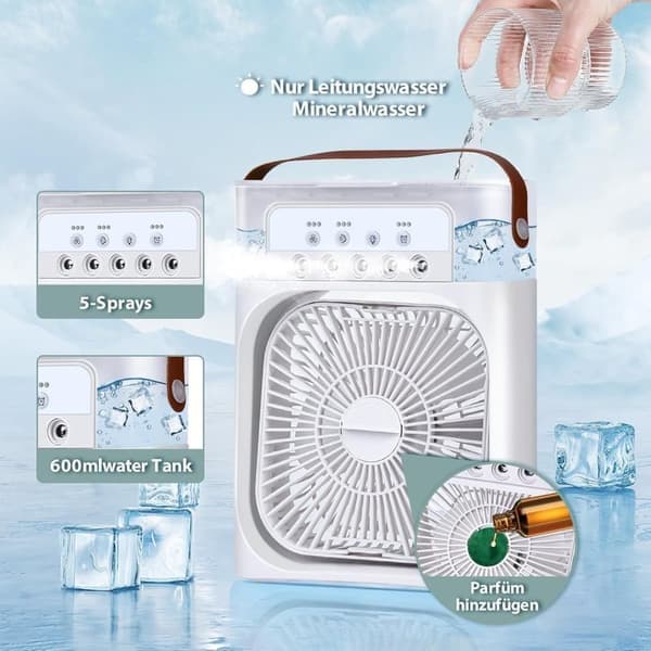 5-i-1 mini luftkøler – bærbar ventilator & mobil mini luftkøler med LED & 3 hastigheder