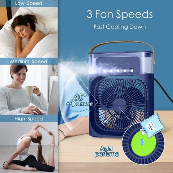Mini klimaanlæg blæser – Bordblæser med 3 hastigheder, 3 spraytilstande, LED-lys & timer, USB-køler til hjemmet