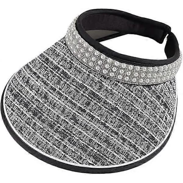 HA~Strandhatte til kvinder Bredskygget solhat til kvinder Solhatte til kvinder med UV-beskyttelse Elegant tofarvet patchwork sommerhat Sort