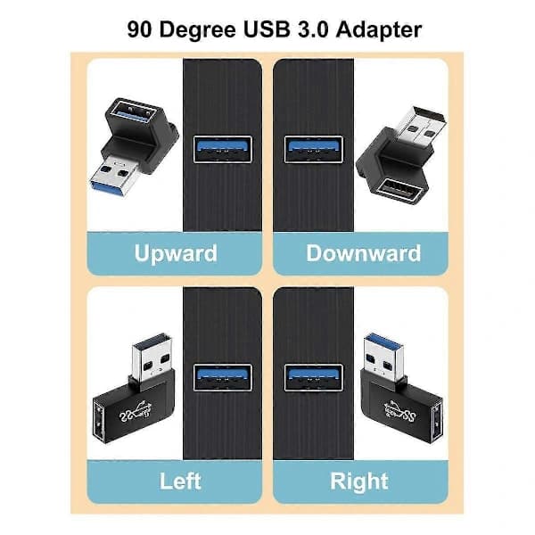 4-pack USB 3.0 -sovitin, pysty- ylös- ja alaspäin kulma, vaakasuora vasen- ja oikeakulma USB-uros - naaras [] Musta