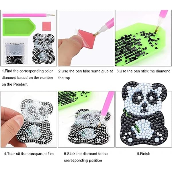 5 stk DIY 5D Panda Diamantmaleri Nøgleringe, Rhinestones