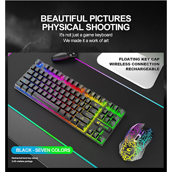 T87 Trådløst tastatur og mus sett 87-tasters mekanisk følelse tastatur spillmus RGB oppladbar multimedia PC datamaskin tastatur
