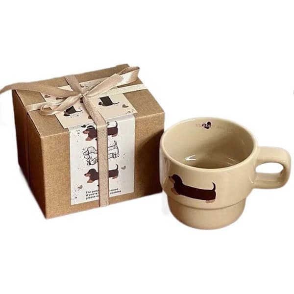 Søt Dachsvalp Stablekopper - Håndmalt Keramisk Pølsehund Kaffekopp