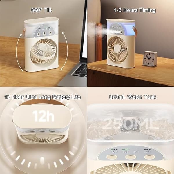 Bærbar Dimbefugter, Bordventilator, Håndholdt Ventilator – Luftfugter, 3 Hastigheder, Timerfunktion