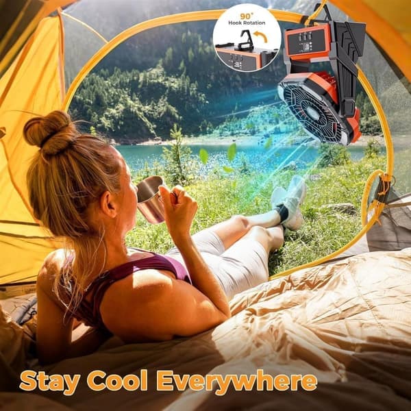 Campingventilator med LED-lys, Bærbar Ventilator 20000mAh Batteri, 4 Hastigheder til Udendørs & Telt